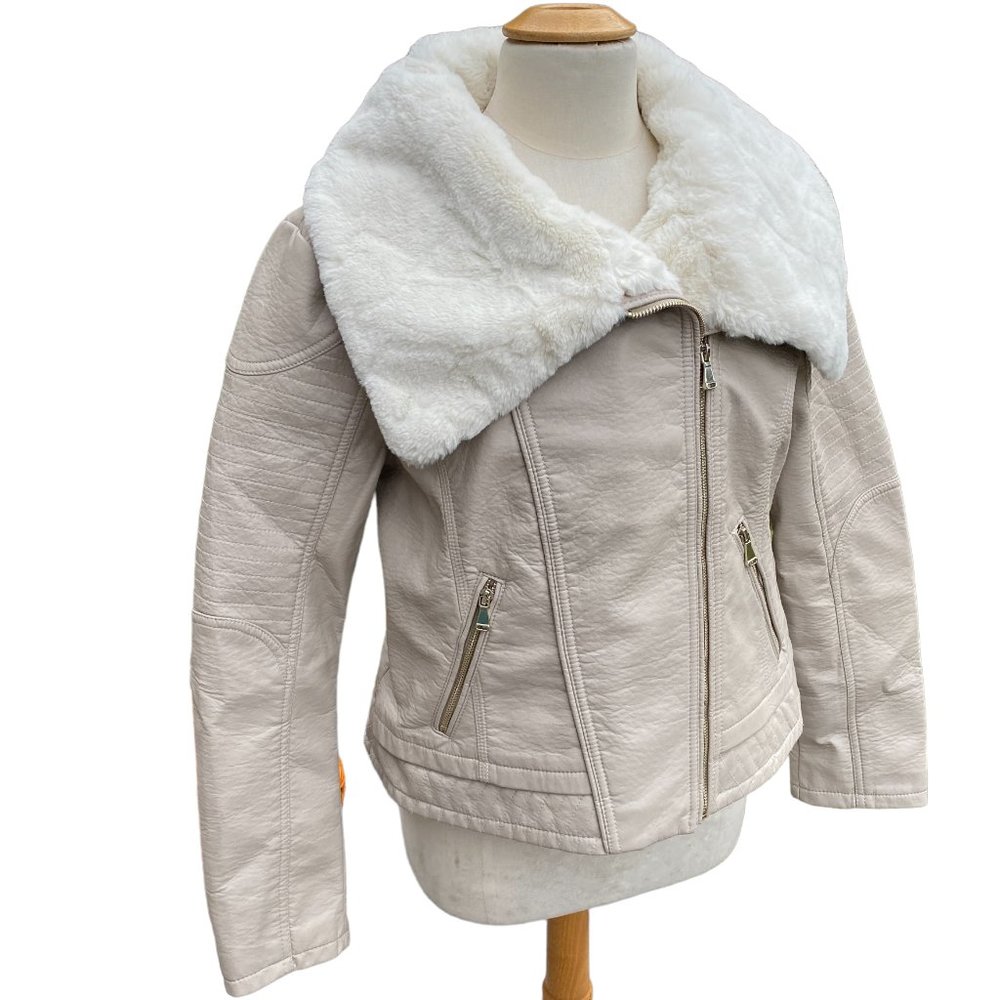 La Nouvelle Renaissance Cream Faux Leather Shearling Collar Moto Jacket-XL